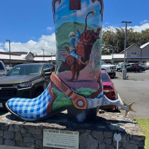Waimea Centennial 10 foot high multi-colored cowboy boot commemorating Paniolos, or Hawaiian Cowboys