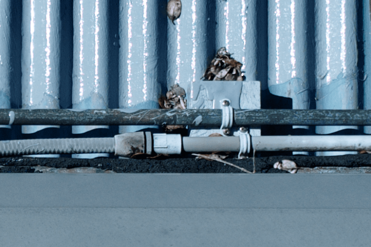 Close aerial view ofater pipes connected to solar water heater on roof