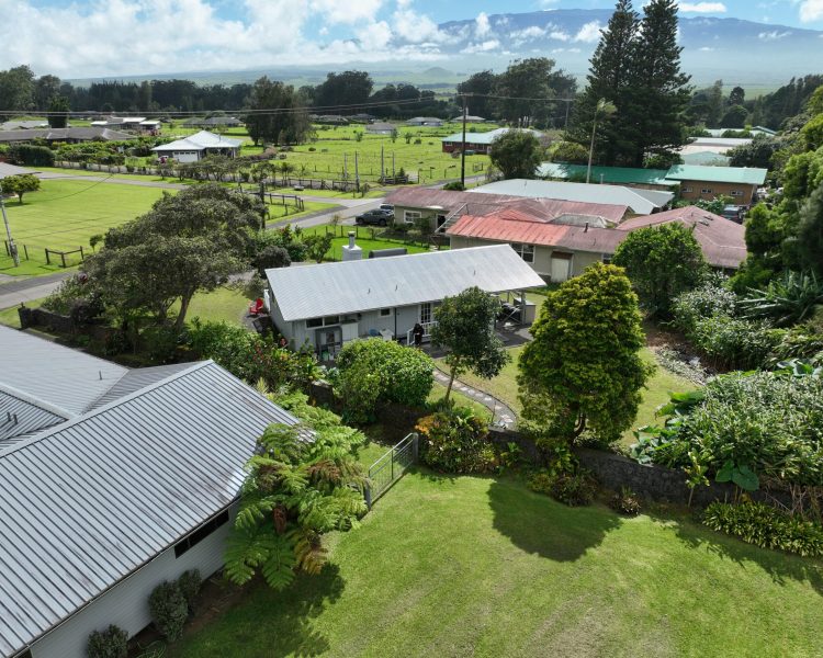 Aerial view of a green scape over houses with farm animals off in the distance and with Mauna Kea shrouded in clouds