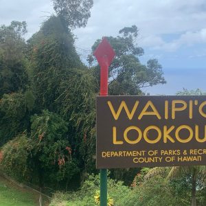 Waipio Valley, Hawaii Island Lookout Sign with the Pacific Ocean behind it.