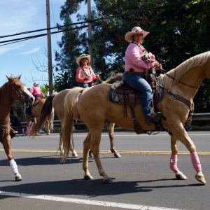 Woman on horseback in pink with a puppy in her arms and adorned with leis and a paniolo hat King Kamehameha day parade in Hawi