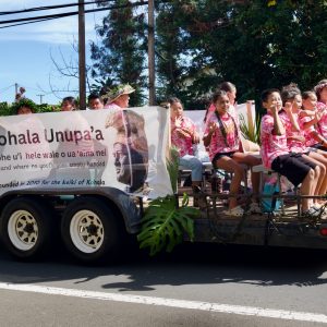 A float in the Kamehamea Day parade where a number of Keiki (children) in colorful red, pink, and blue tops sit inside and with float adorned with red and yellow flowers as well as gren palm fronds, part of a youth group where no youth go empty handed in Hawi, Hawaii